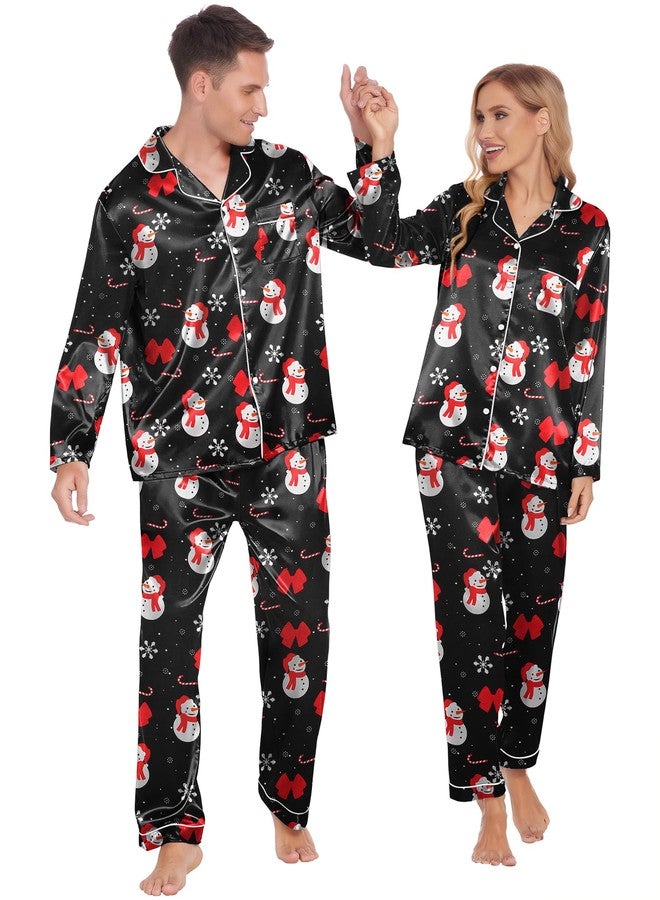 Ekouaer Couples Matching Pajamas Silk Long Sleeve Sleepwear Satin Soft Button Down Loungewear Pjs Set,Christmas Black,XXL - Image 1